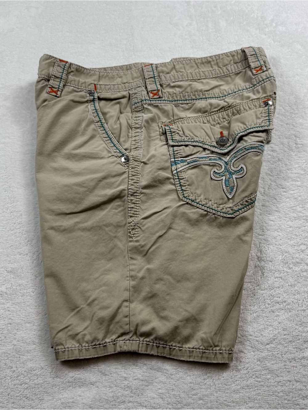 Rock revival utility signature shorts men’s 34 khaki embroidered heavy stitching